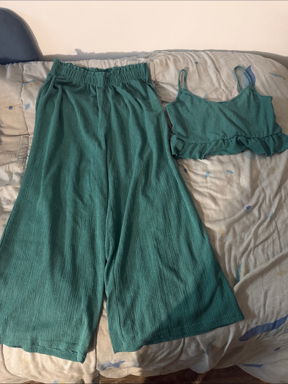 Teal Two-Piece Set — Cropped Ruffle Tank & Wide-Leg Pants
